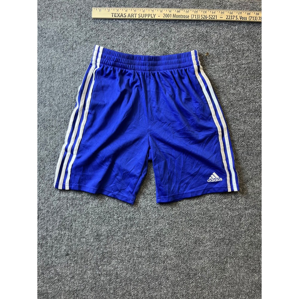 Adidas Athletic Shorts Boys Size L Blue White Stripe Mesh Elastic Waist Sport